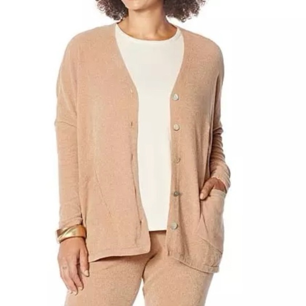Wynne Lounge Camel Chenille Knit Cardigan Sweater‎ Boxy Fit Button Front Pockets